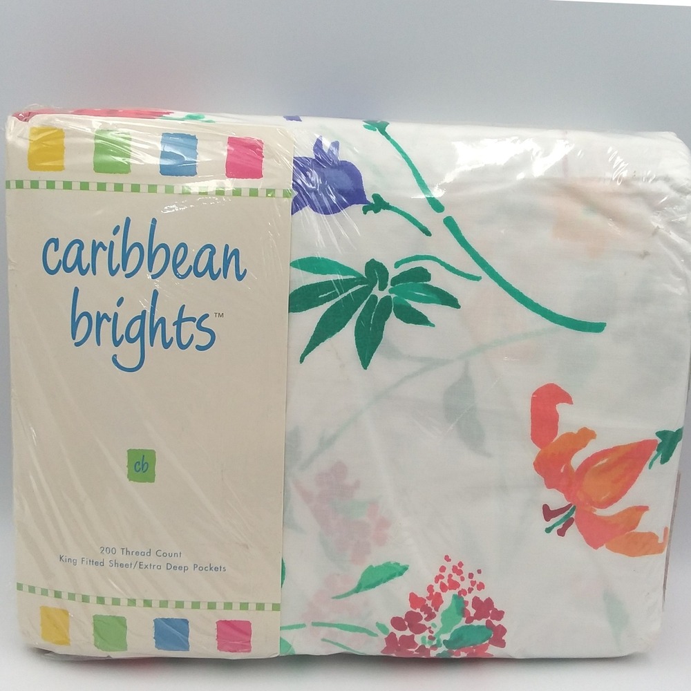 Caribbean Brights Scarlet Sunset King Fitted Sheet‎ Tropical Floral Vintage USA
